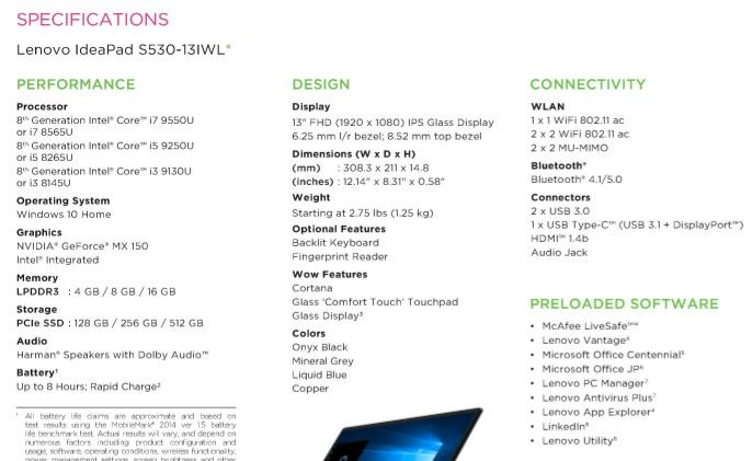 Lenovo IdeaPad S530 Listing 9th Gen Intel Core i Processors