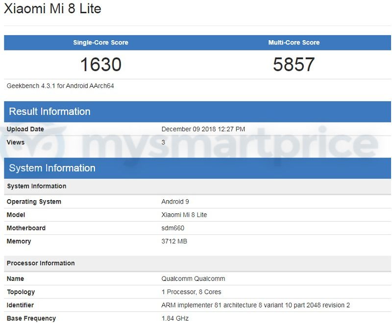 Xiaomi Mi 8 Lite Android 9 Pie Geekbench