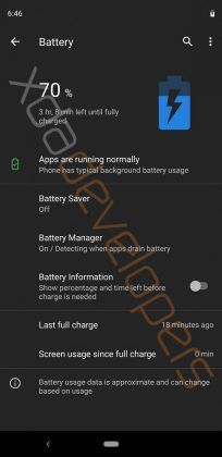 Android Q Pixel 3 XL Dark Mode Battery Section