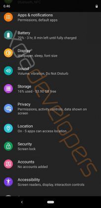 Android Q Pixel 3 XL Dark Mode Settings App