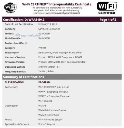 Samsung Galaxy M30 (SM-M305M) Wi-Fi Alliance Certification