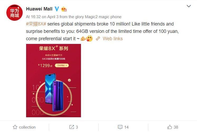 Honor 8X 10 Million Unit Sales Globally Weibo Huawei