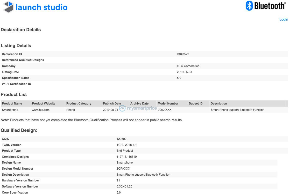 HTC 2Q7A100 Bluetooth Certification