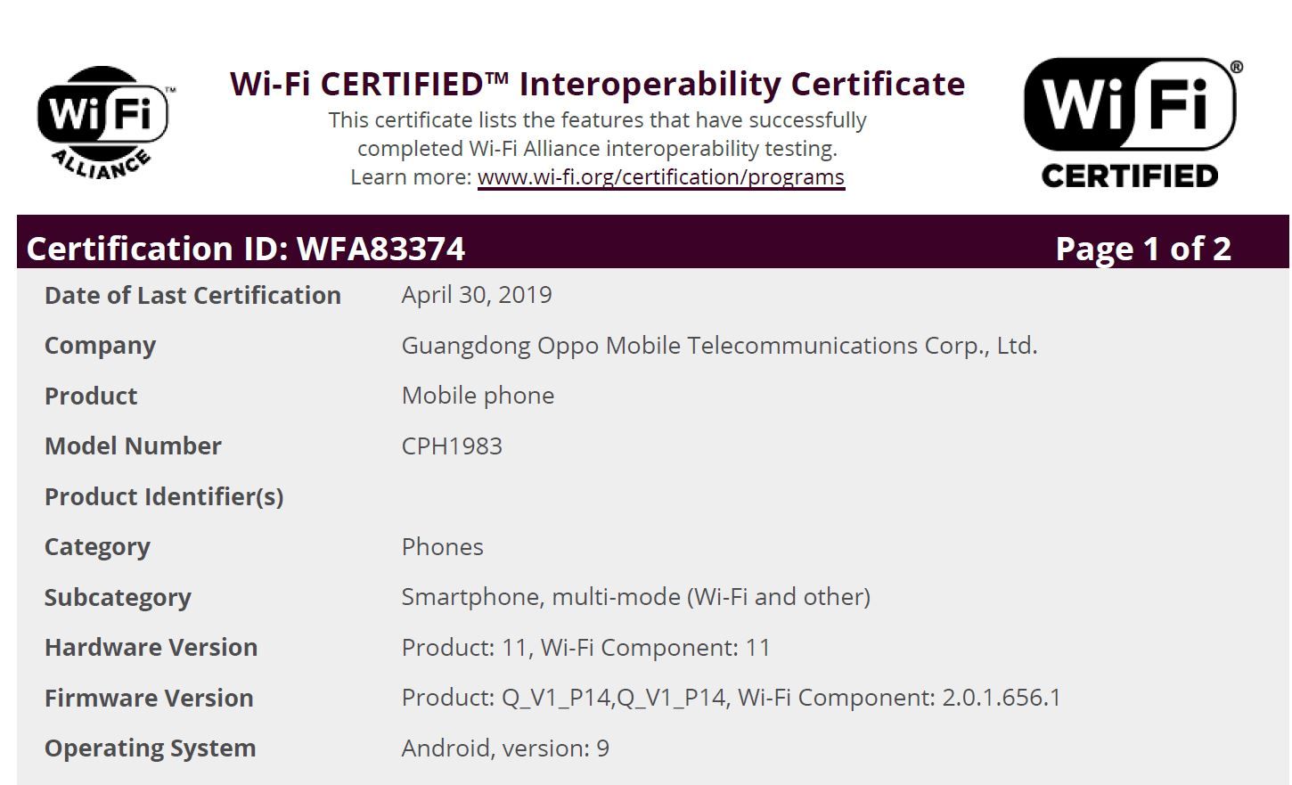 OPPO CPH1983 Wi-Fi Certification