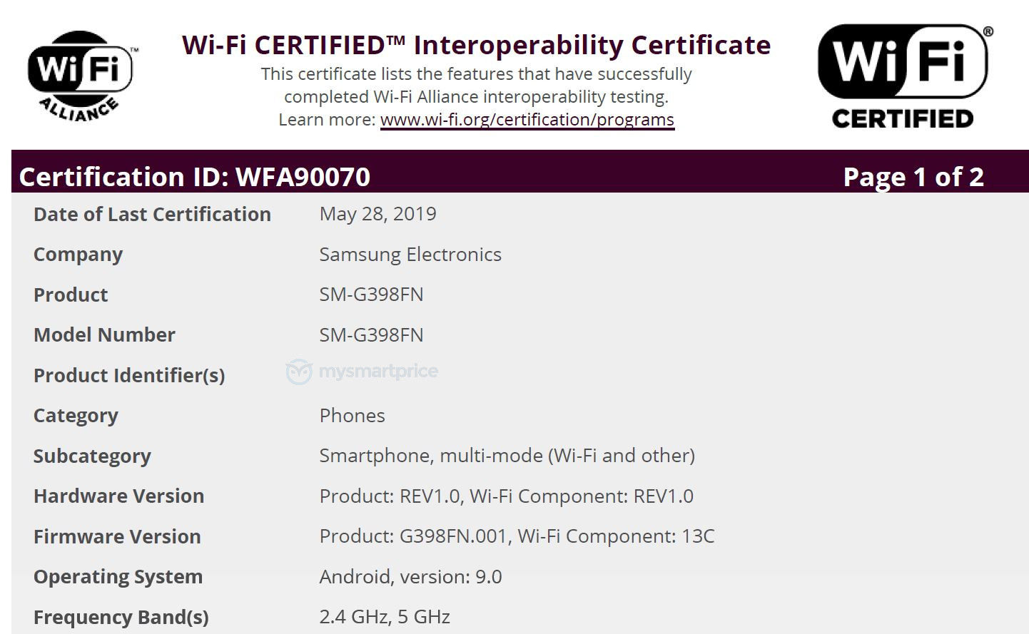 SM-G398FN Wi-Fi Certification