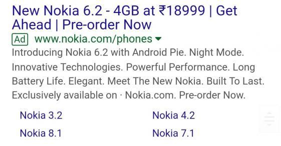 Leaked HMD Global Nokia 6.2 4GB RAM Price In Infia Google Search Result Ad Campaign
