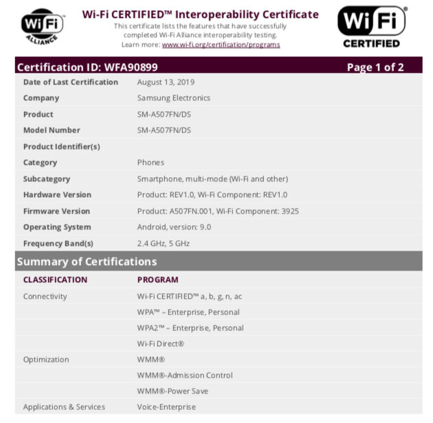 Samsung Galaxy M10s, Galaxy A50s Spotted on Wi-Fi Alliance