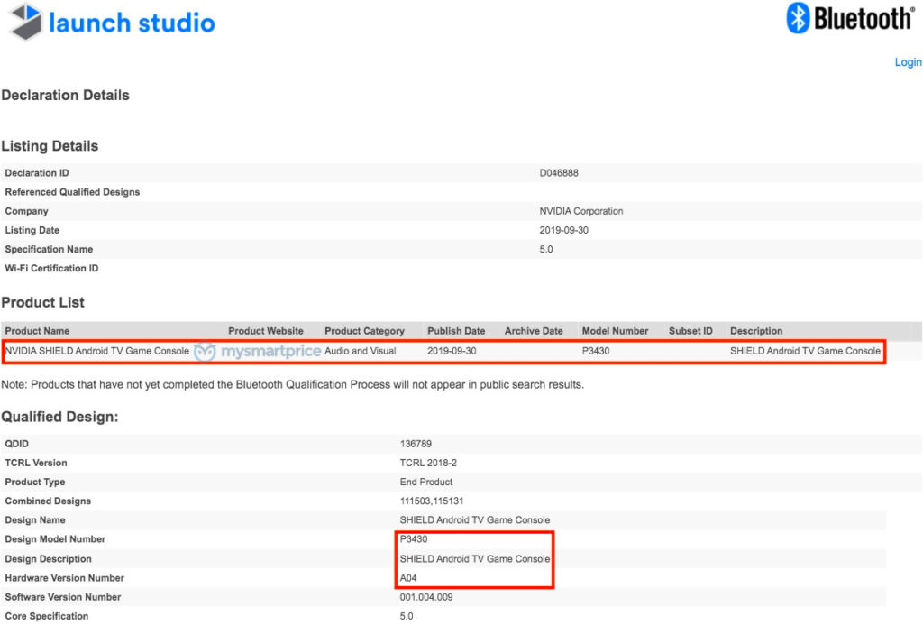 Nvidia Shield TV 2019 P3430 Bluetooth 5.0 SIG Certification