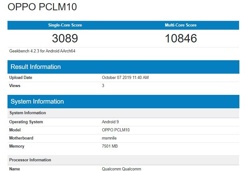 oppo reno ace geekbench scores