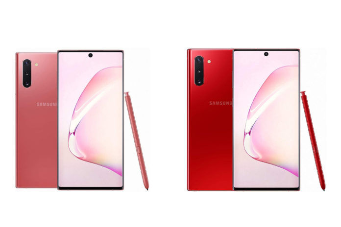 Samsung Galaxy Note 10 in Aura Pink and Aura Red color variants