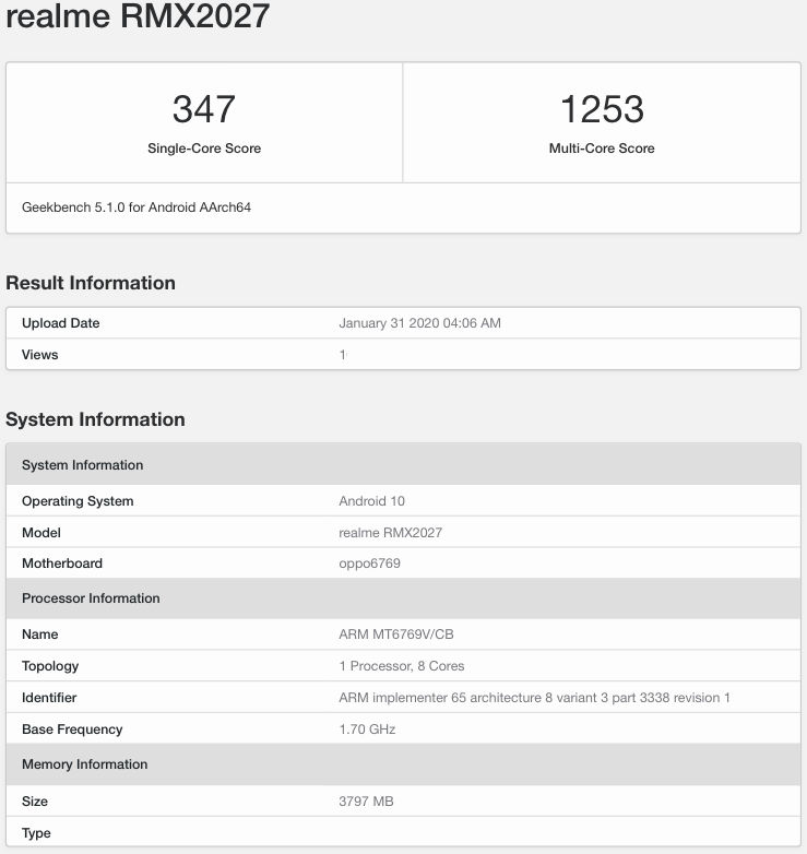 Realme RMX2027 Geekbench