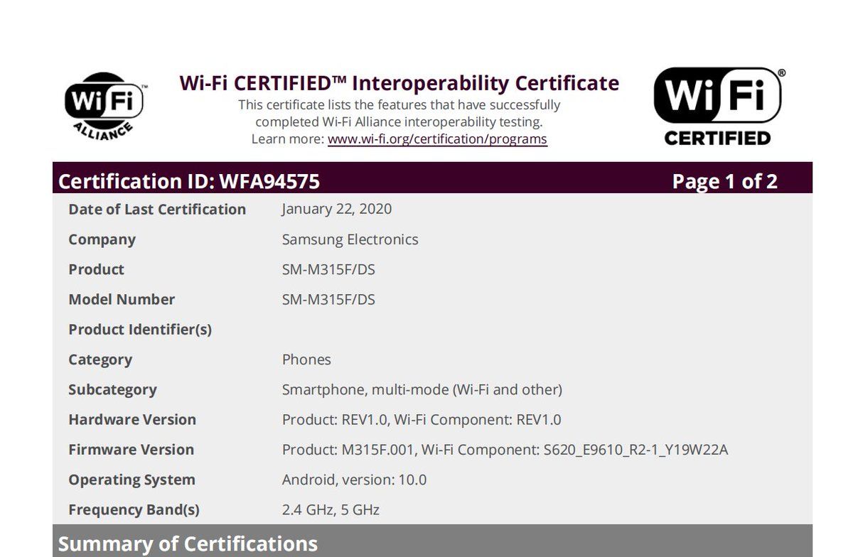samsung galaxy m31 wifi certification