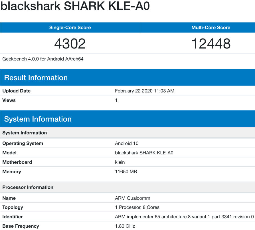 black shark 3 geekbench