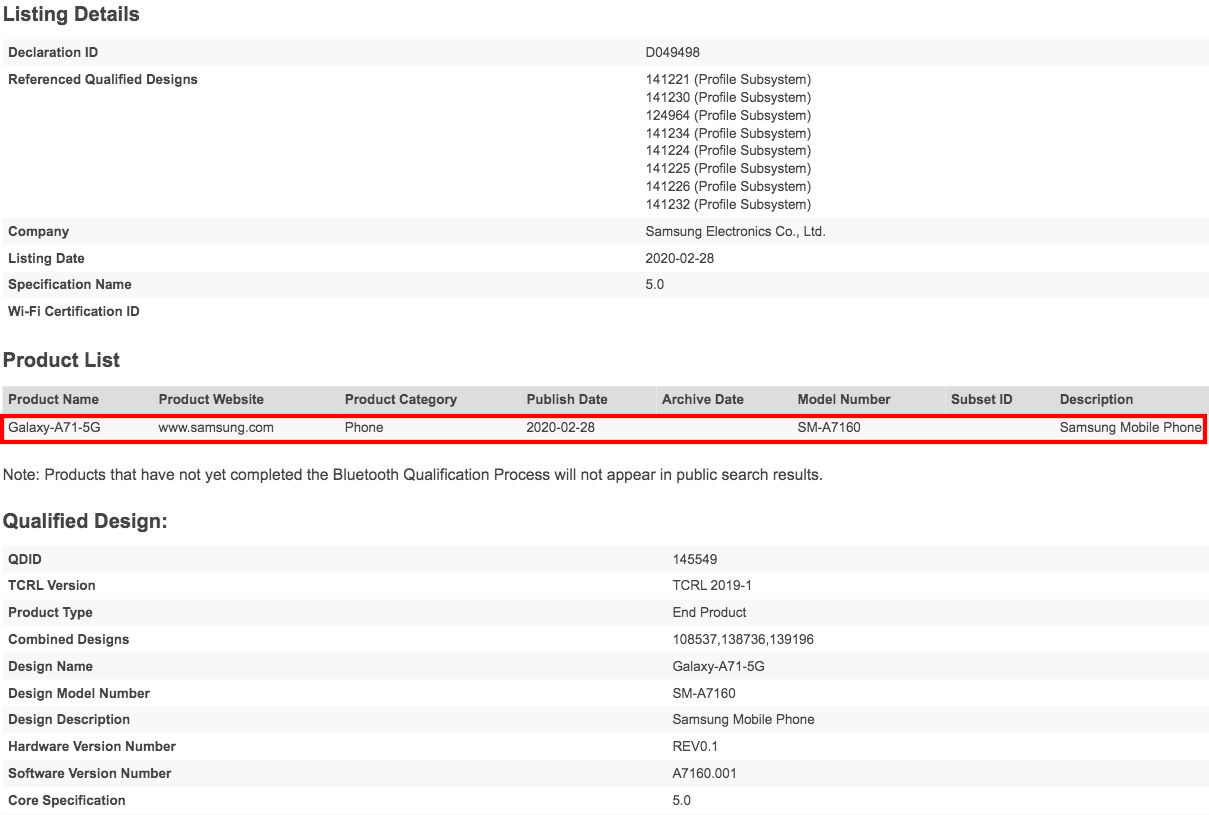 Samsung Galaxy A71 5G SM A7160 Moniker Confirmed Via Bluetooth