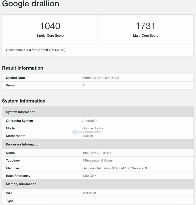 Google Drallion listing on Geekbench