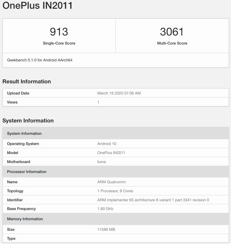 OnePlus IN2011 Geekbench