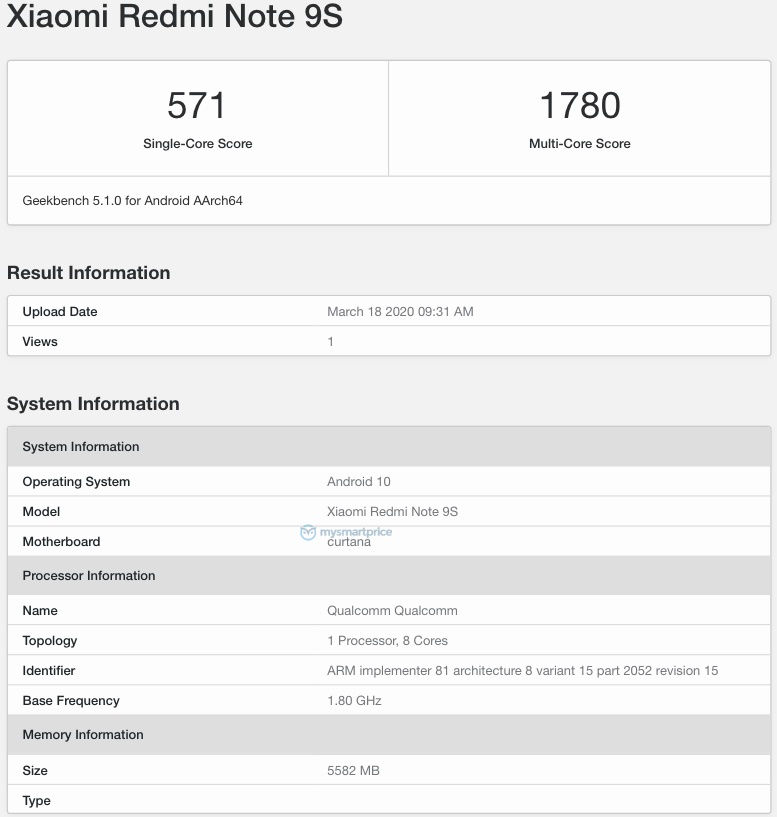 redmi note 9s geekbench