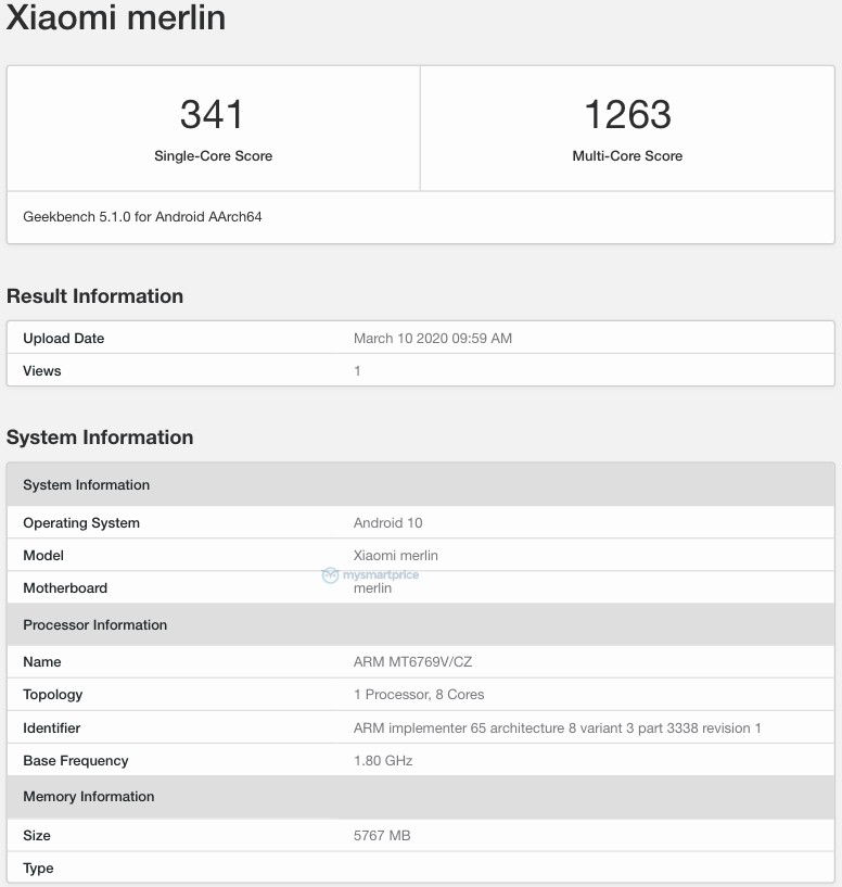 Xiaomi Redmi Note 9 listing on Geekbench
