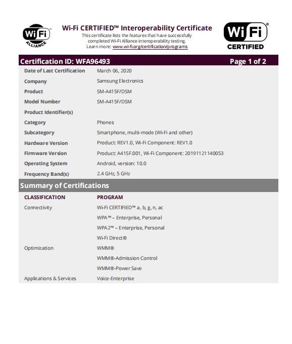 galaxy a41 wifi certification