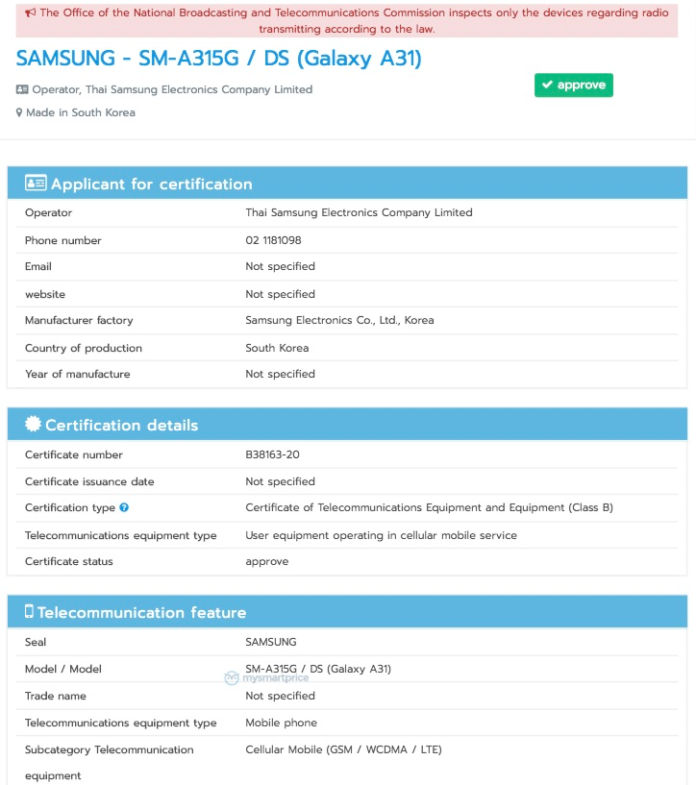 samsung a31 model number