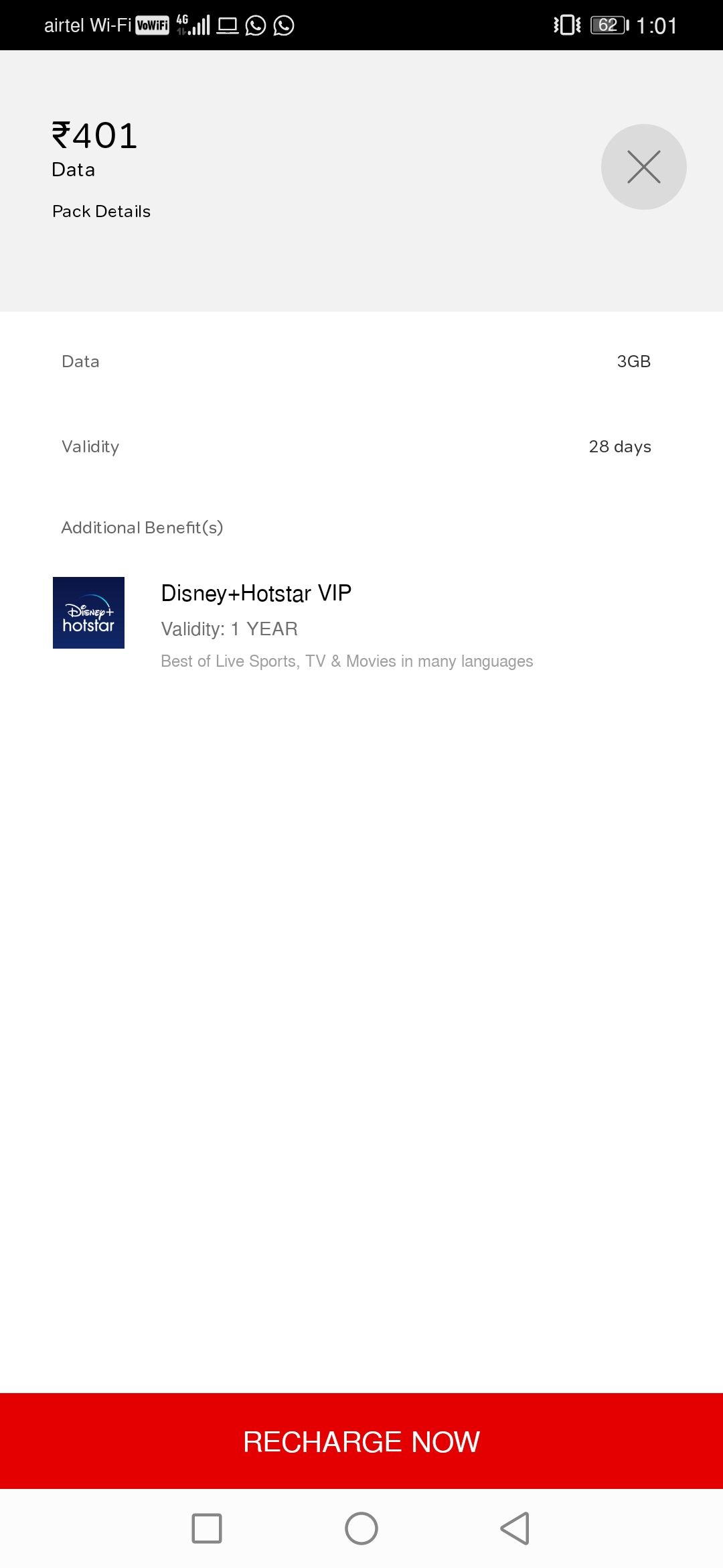 Deal Alert Airtel Rs 401 Recharge Pack Offers Free Disney Plus Hotstar Vip Subscription Worth Rs 399 And 3gb Day For 28 Days Mysmartprice