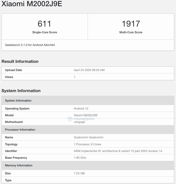 Mi 10 Youth Edition listed on Geekbench