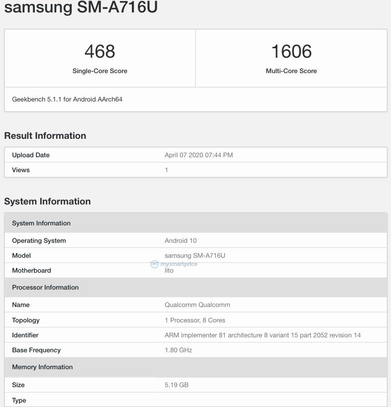 Samsung Galaxy A71 5G spotted on Geekbench
