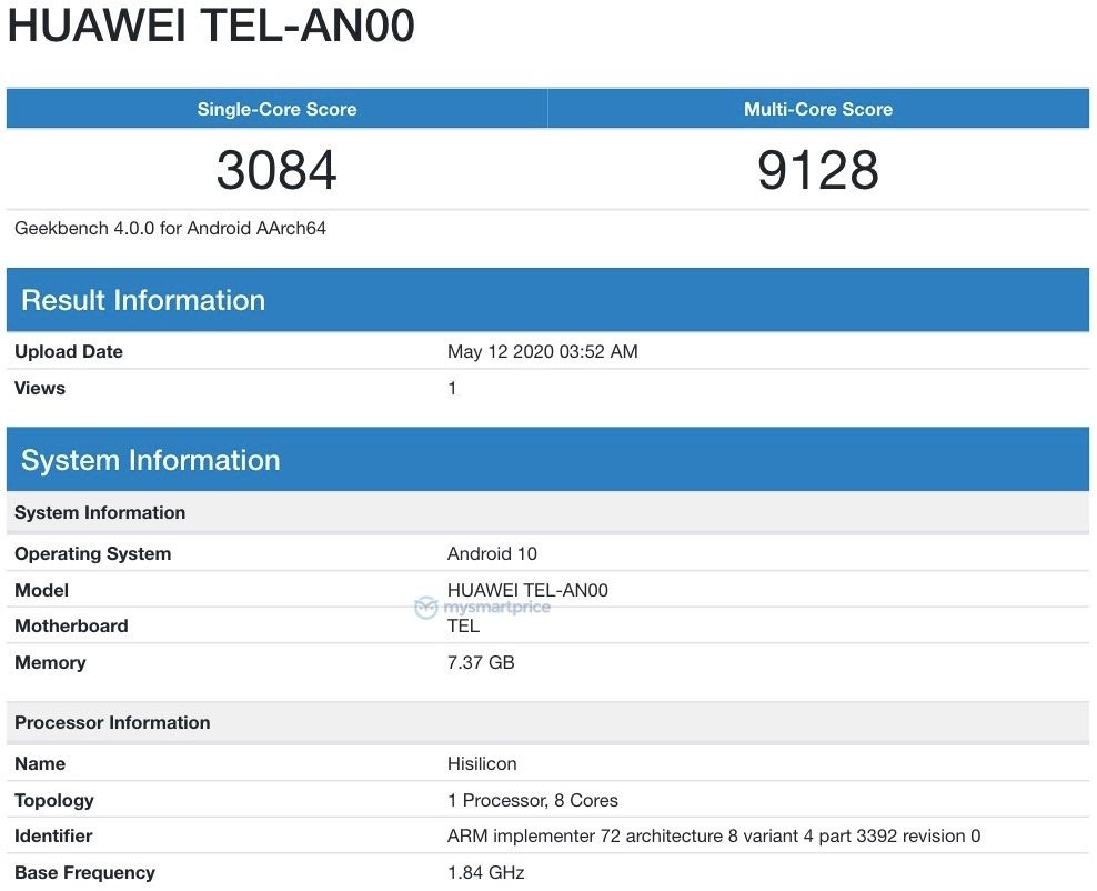 Honor X10 Geekbench benchmark score