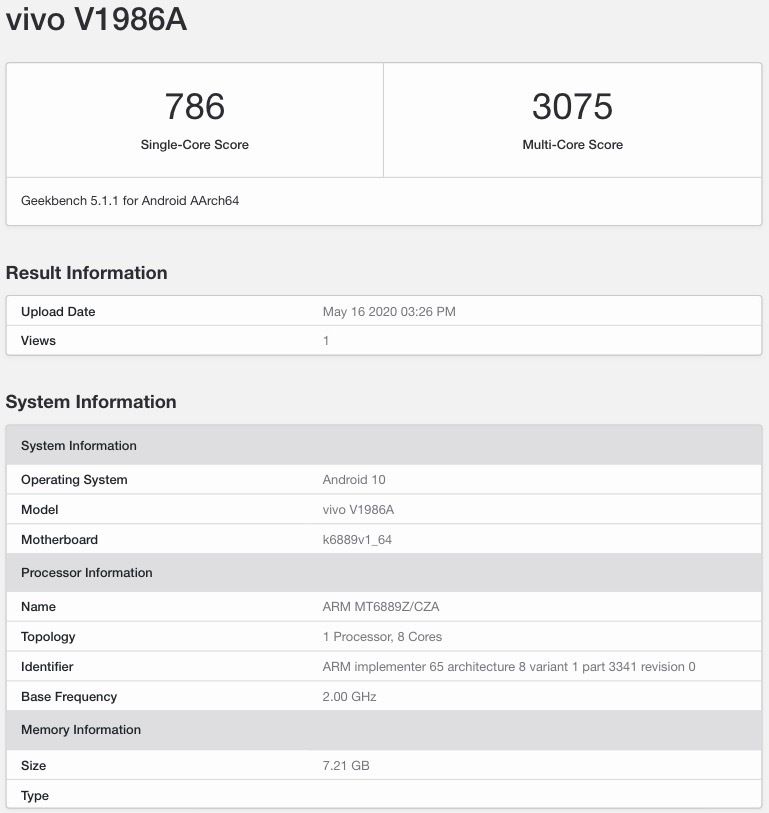 iQOO Z1 (V1986A) Geekbench