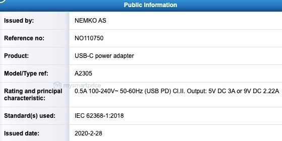 Apple A2305 20W Charger - NEMKO certification