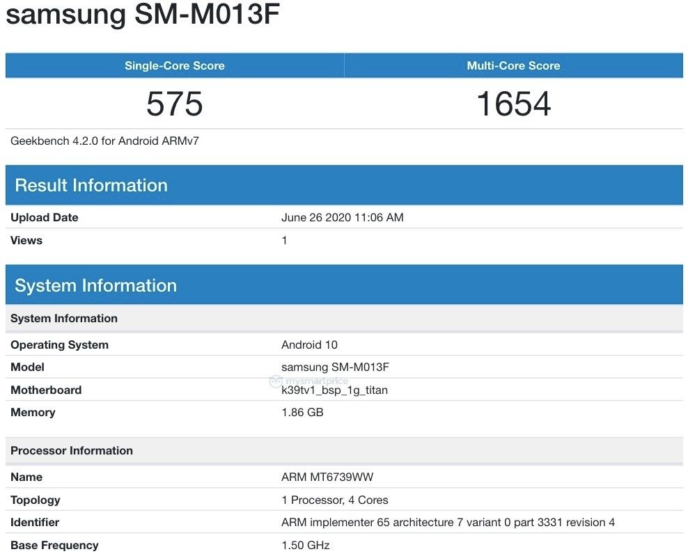Samsung Galaxy M01 Core (SM-M013F) Geekbench