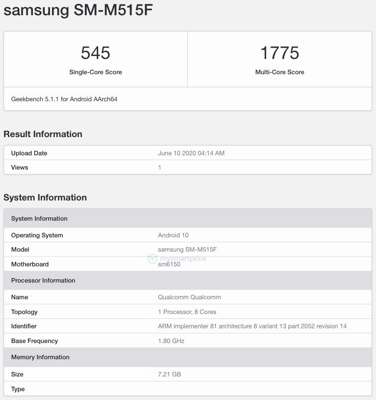 Samsung Galaxy M51 geekbench