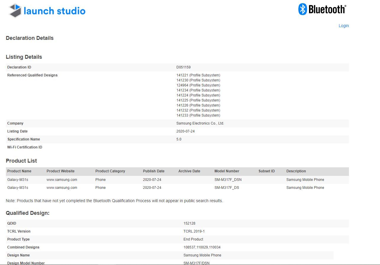 samsung galaxy m31s bluetooth sig