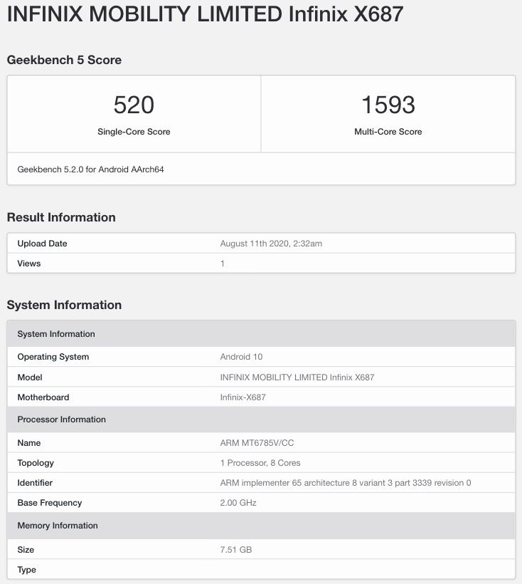 Infinix Zero 8 X687 Geekbench