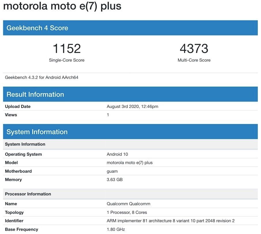 Moto E7 Plus Geekbench
