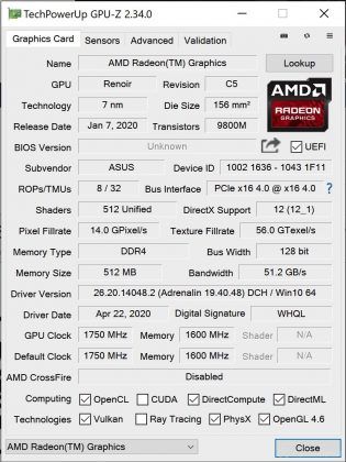 ASUS ROG Zephyrus G14 screenshot 08 (GPUZ benchmark - AMD Radeon Renoir)