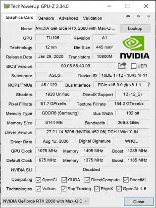 ASUS ROG Zephyrus G14 screenshot 09 (GPUZ benchmark - Nvidia RTX 2060 Max-Q)