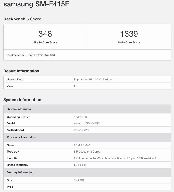 Samsung Galaxy F41 (SM-F415F) Geekbench