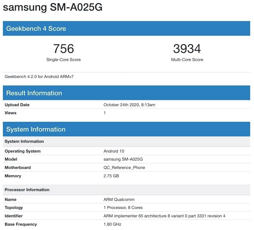 Galaxy A02s (SM-A025G) 3GB Variant Geekbench