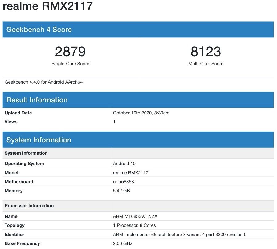 Realme Q2 Series (RMX2117) Geekbench