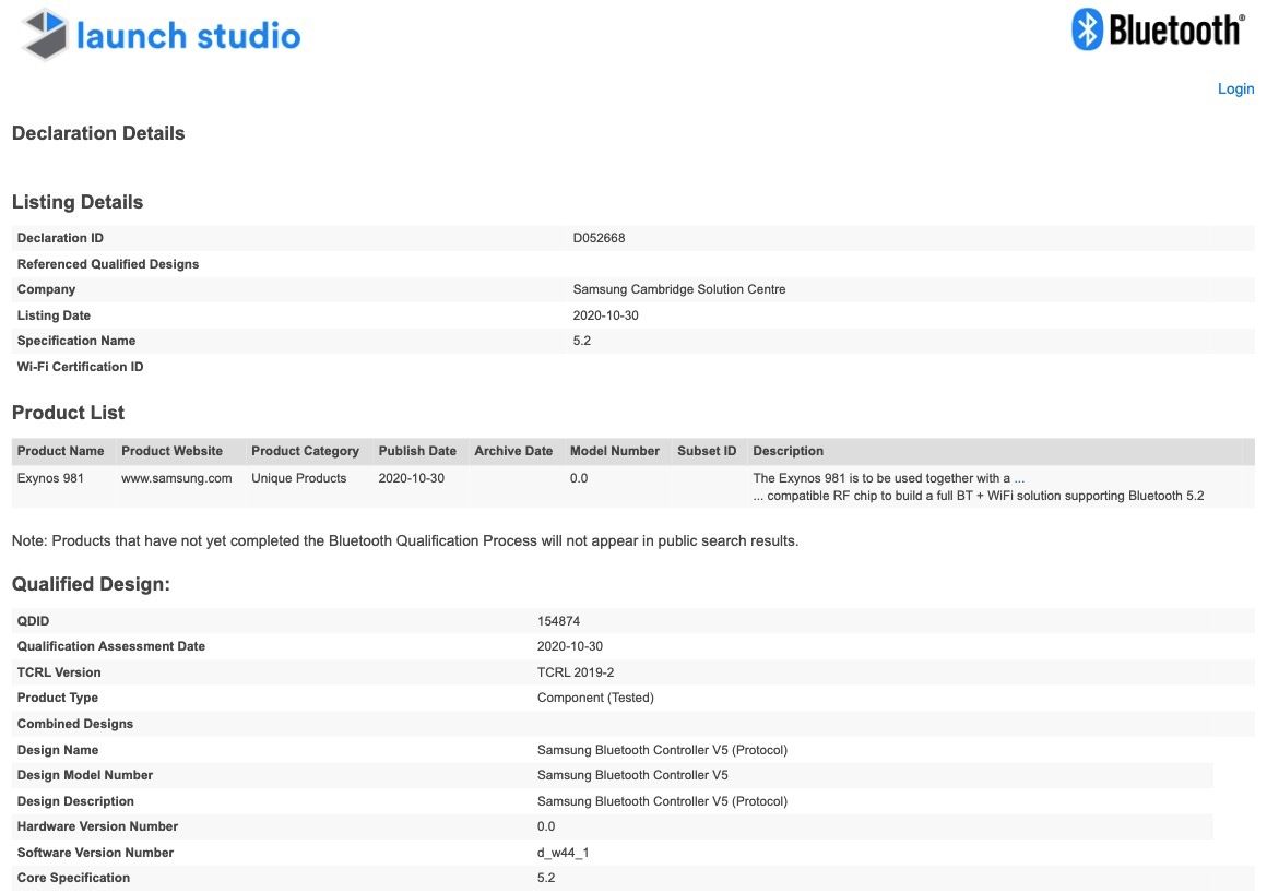 Samsung Exynos 981 SoC Bluetooth SIG