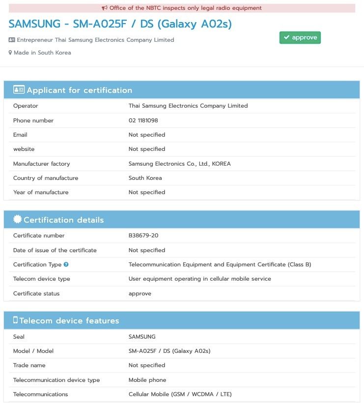Samsung Galaxy A02s NBTC
