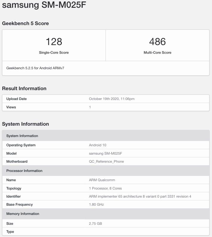 Samsung Galaxy M02 (SM-M025F) Geekbench