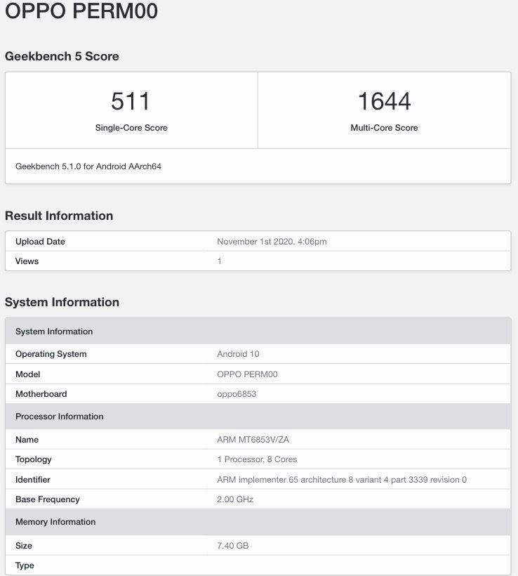 OPPO PERM00 Geekbench