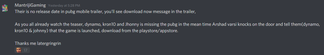 PUBG Mobile India Discord message