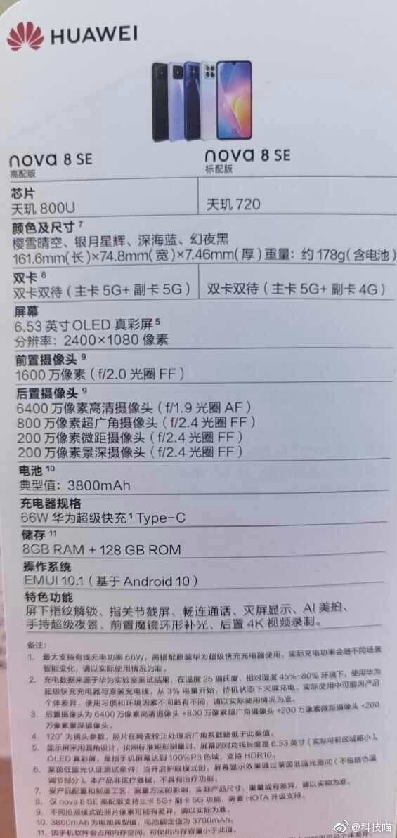 Huawei Nova 8 SE leaked specifications