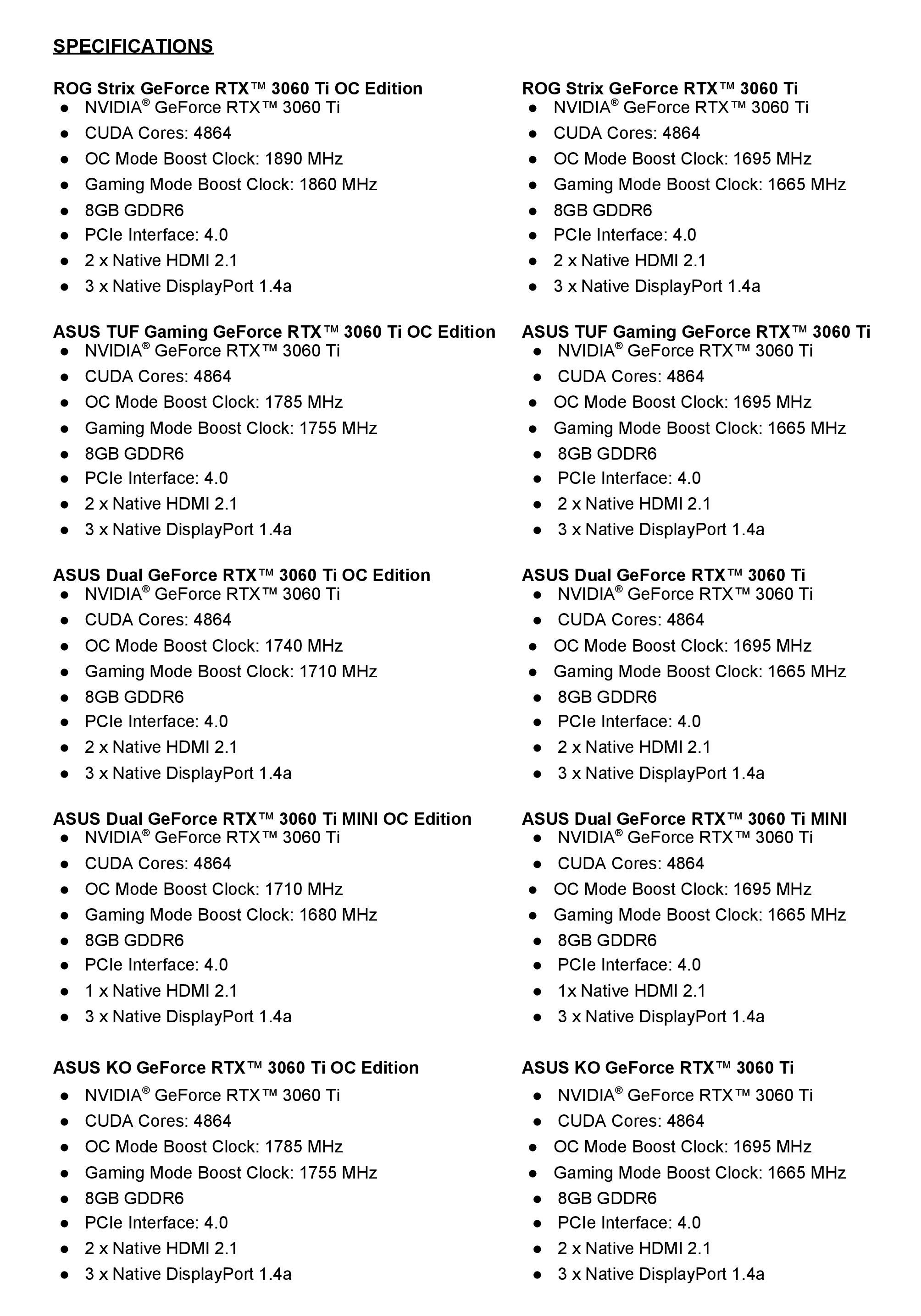 ASUS NVIDIA GeForce RTX 3060 Ti SKUs