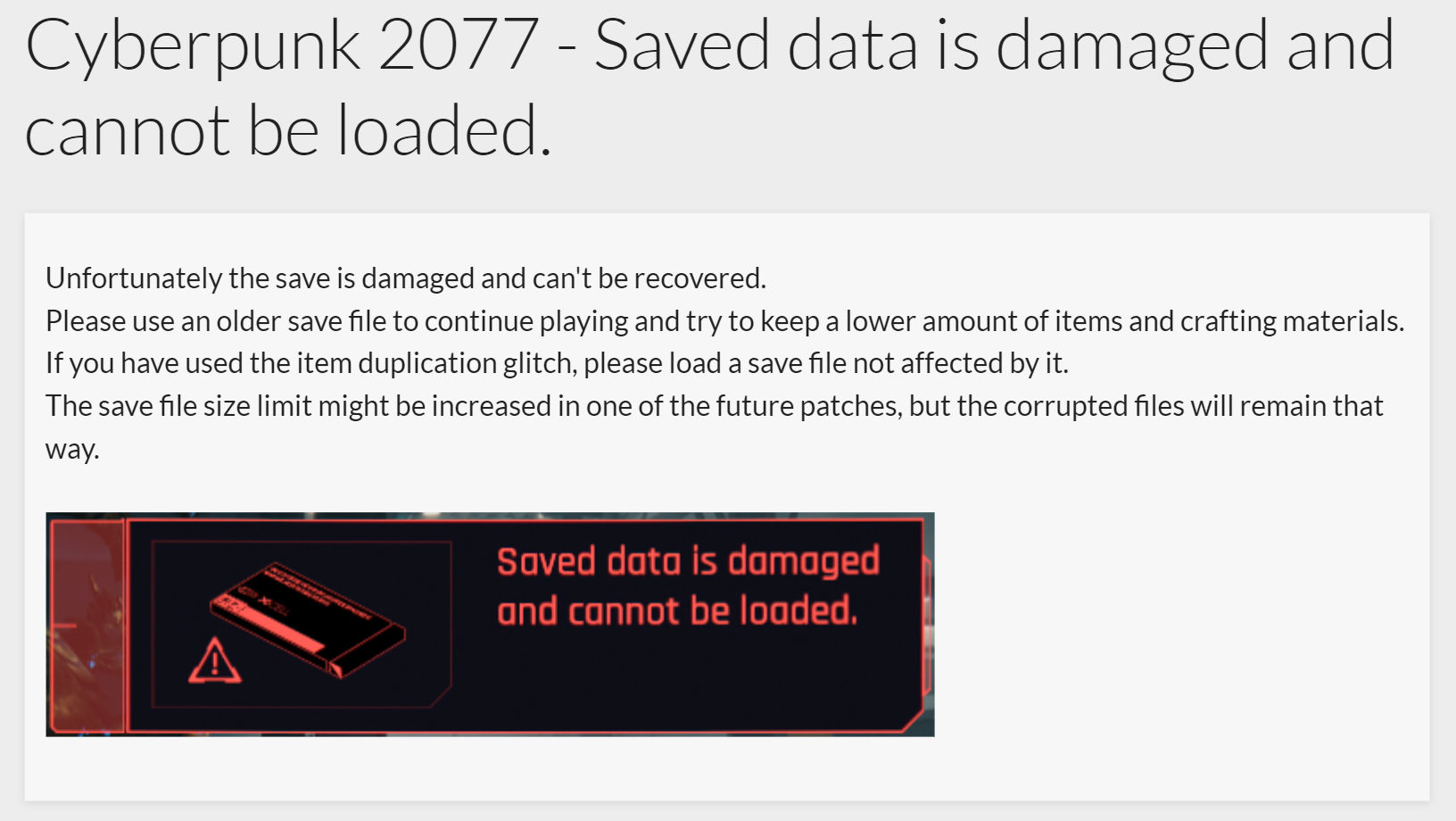 Cyberpunk 2077 save file bug