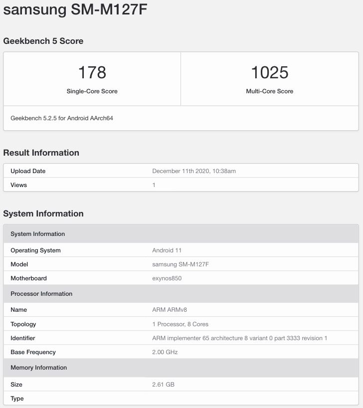 Samsung Galaxy M12 (SM-M127F) Geekbench