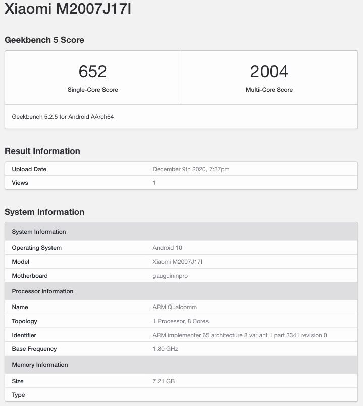 Mi 10i Geekbench